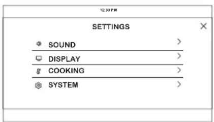 12:00 PM SETTINGS SOUND > DISPLAY > COOKING > SYSTEM >