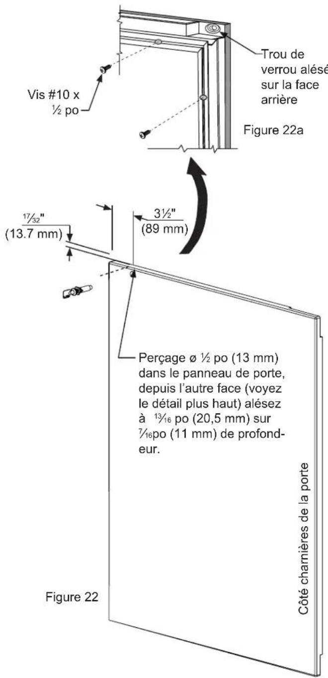 Vis #10 x ½ po Trou de verrou alésé sur la face arrière Figure 22a 3½" (89 mm) Perçage ø ½ po (13 mm) dans le panneau de porte, depuis l'autre face (voyez le détail plus haut) alésez à 13/16 po (20,5 mm) sur 7/16po (11 mm) de profondeur. Figure 22 Côté charnières de la porte