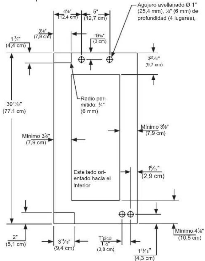Agujero avellanado Ø 1" (25,4 mm), ¼" (6 mm) de profundidad (4 lugares), 3½" (7,9 cm) 3½" (12,4 cm) 5" (12,7 cm) 1½" (3 cm) 3²⁷/³²" (9,7 cm) Radio per- mitido: ¼" (6 mm) Mínimo 3½" (7,9 cm) Este lado ori- entado hacia el interior 1½" (2,9 cm) 2" (5,1 cm) 3½" (9,4 cm) Típico: 1½" (3,8 cm) 1½" (4,3 cm) Mínimo 4½" (10,5 cm)