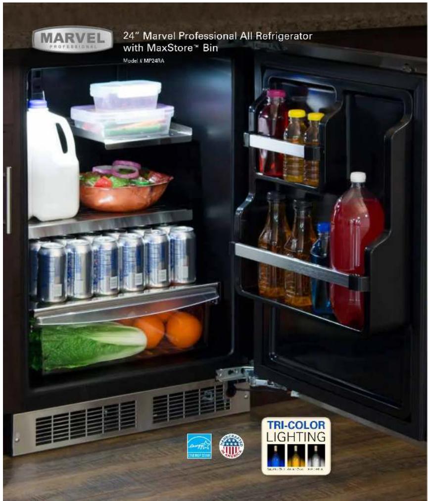 MARVEL PROFESSIONAL 24" Marvel Professional All Refrigerator with MaxStore™ Bin Model v MP24RA TRI-COLOR LIGHTING