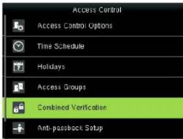Access Control Access Control Options Time Schedule Holidays Access Groups Combined Verification Anti-passback Setup