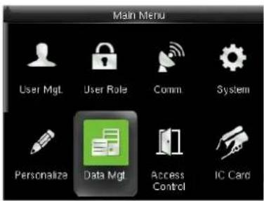 Main Menu User Mgt User Role Comm System Personaliza Data Mgt Access Control IC Card