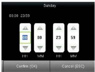 Sunday 00:00 23:59 00 00 23 59 HH MM HH MM Confirm (OK) Cancel (ESC)