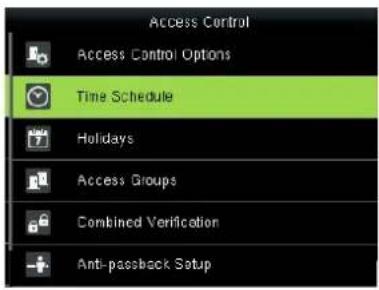 Access Control Access Control Options Time Schedule Holidays Access Groups Combined Verification Anti-passback Setup