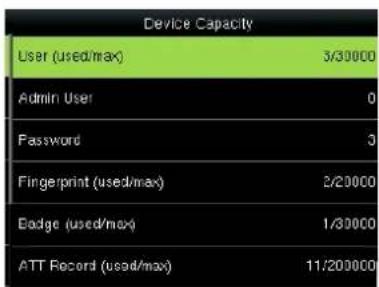 Device Capacity User (used/max) 3/30000 Admin User 0 Password 3 Fingerprint (used/max) 2/20000 Badge (used/max) 1/30000 ATT Record (used/max) 11/200000