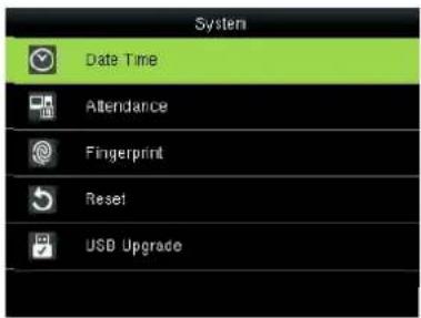System Date Time Attendance Fingerprint Reset USB Upgrade