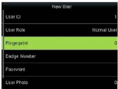 New User User ID 1 User Role Normal User Fingerprint 0 Eadge Number Password User Photo 0