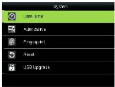 System Date Time Attendance Fingerprint Reset USB Upgrade
