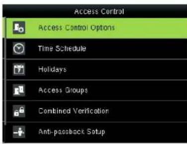 Access Control Access Control Options Time Schedule Holidays Access Groups Combined Verification Anti-passback Setup