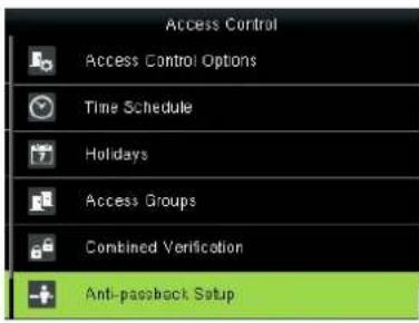 Access Control Access Control Options Time Schedule Holidays Access Groups Combined Verification Anti-packback Setup