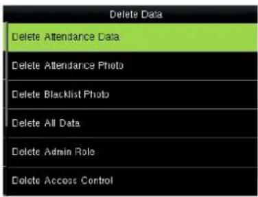 Delete Data Delete Attendance Data Delete Attendance Photo Delete Blacklist Photo Delete All Data Delete Admin Role Delete Access Control