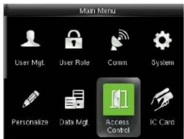 Main Menu User Mgt User Role Comm System Personalize Data Mgt Access Control IC Card