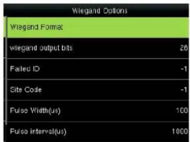 Wiegand Dollons Wiegand Format wiegand output bits 26 Failed ID -1 Site Code -1 Pulse Width(us) 100 Pulse interval(us) 1000