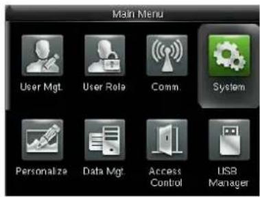 Main Menu User Mgt. User Role Comm. System Personalize Data Mgt. Access Control USB Manager