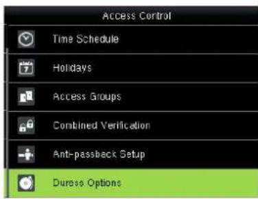 Access Control Time Schedule Holidays Access Groups Combined Verification Anti-passback Setup Duress Options