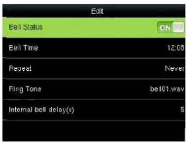 Edit Bell Status ON Bell Time 12:06 Repeat Never Ring Tone bell01.wav Internal bell delay(s) 5