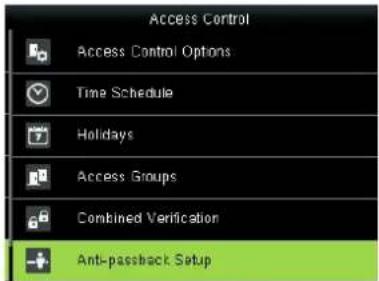 Access Control Access Control Options Time Schedule Holidays Access Groups Combined Verification Anti-passback Setup