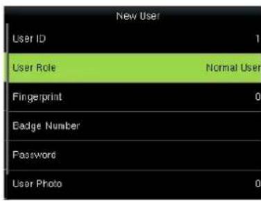New User User ID 1 User Role Normal User Fingerprint 0 Edge Number Password User Photo 0