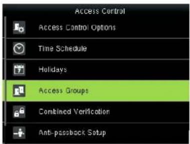 Access Control Access Control Options Time Schedule Holidays Access Groups Combined Verification Anti-passback Setup