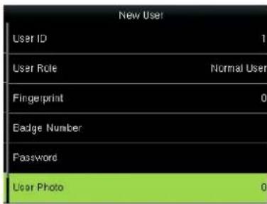 New User User ID 1 User Role Normal User Fingerprint 0 Badge Number Password User Photo 0