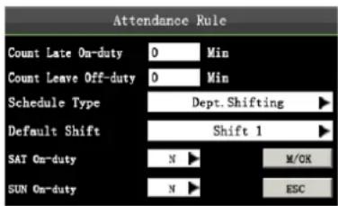 Attendance Rule Count Late On-duty 0 Min Count Leave Off-duty 0 Min Schedule Type Dept.Shifting ▶ Default Shift Shift 1 ▶ SAT On-duty N ▶ M/OK SUN On-duty N ▶ ESC