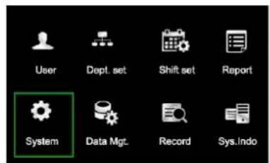 User Dept. set Shift set Report System Data Mgt. Record Sys.Indo