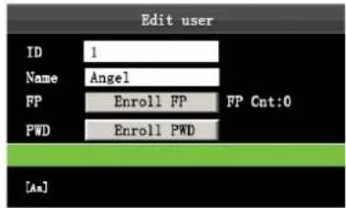 Edit user ID 1 Name Angel FP Enroll FP FP Cnt:0 PWD Enroll PWD [Am]