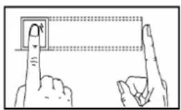Diagram showing two fingers pointing at a square button with an arrow, indicating finger movement or positioning.