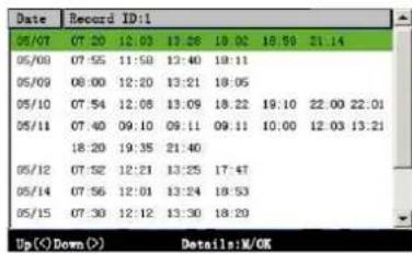 Date Record ID:1 05/07 07:20 12:03 17:28 19:02 18:59 21.14 05/08 07:55 11:50 12:40 19:11 05/09 06:00 12:20 13:21 18:05 05/10 07:54 12:08 13:09 18:22 19:10 22:00 22:01 05/11 07:40 09:10 09:11 09:11 10:00 12:03 13:21 18:20 19:35 21:40 05/12 07:52 12:21 13:25 17:47 05/14 07:56 12:01 13:24 18:53 05/15 07:30 12:12 13:30 18:29 Up(<) Details:N/OK