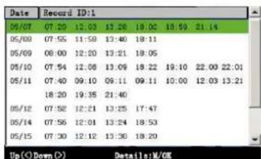 Date Record ID:1 05/07 07:20 13:03 13:28 19:02 18:59 21:14 05/09 07:55 11:59 13:40 18:11 05/09 06:00 12:20 13:21 18:05 05/10 07:54 12:08 13:09 18:22 19:10 22:00 22:01 05/11 07:40 09:10 09:11 09:11 10:00 12:03 13:21 18:20 19:35 21:40 05/12 07:52 12:21 13:25 17:47 05/14 07:56 12:01 13:24 18:53 05/15 07:30 12:12 13:30 18:20 Up(<) Down(>) Details:M/OK
