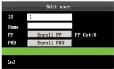 Edit user ID 1 Name FP Enroll FP FP Cnt:0 PWD Enroll PWD [Am]