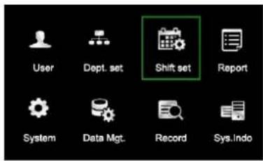User Dept. set Shift set Report System Data Mgt. Record Sys.Indo