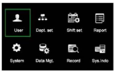 User Dept. set Shift set Report System Data Mgt. Record Sys.Indo