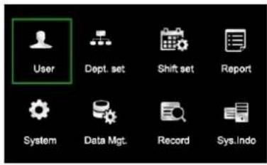 User Dept. set Shift set Report System Data Mgt. Record Sys.Indo