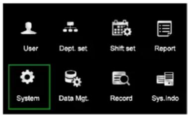 User Dept. set Shift set Report System Data Mgt. Record Sys.Indo