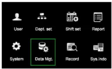 User Dept. set Shift set Report System Data Mgt. Record Sys.Indo