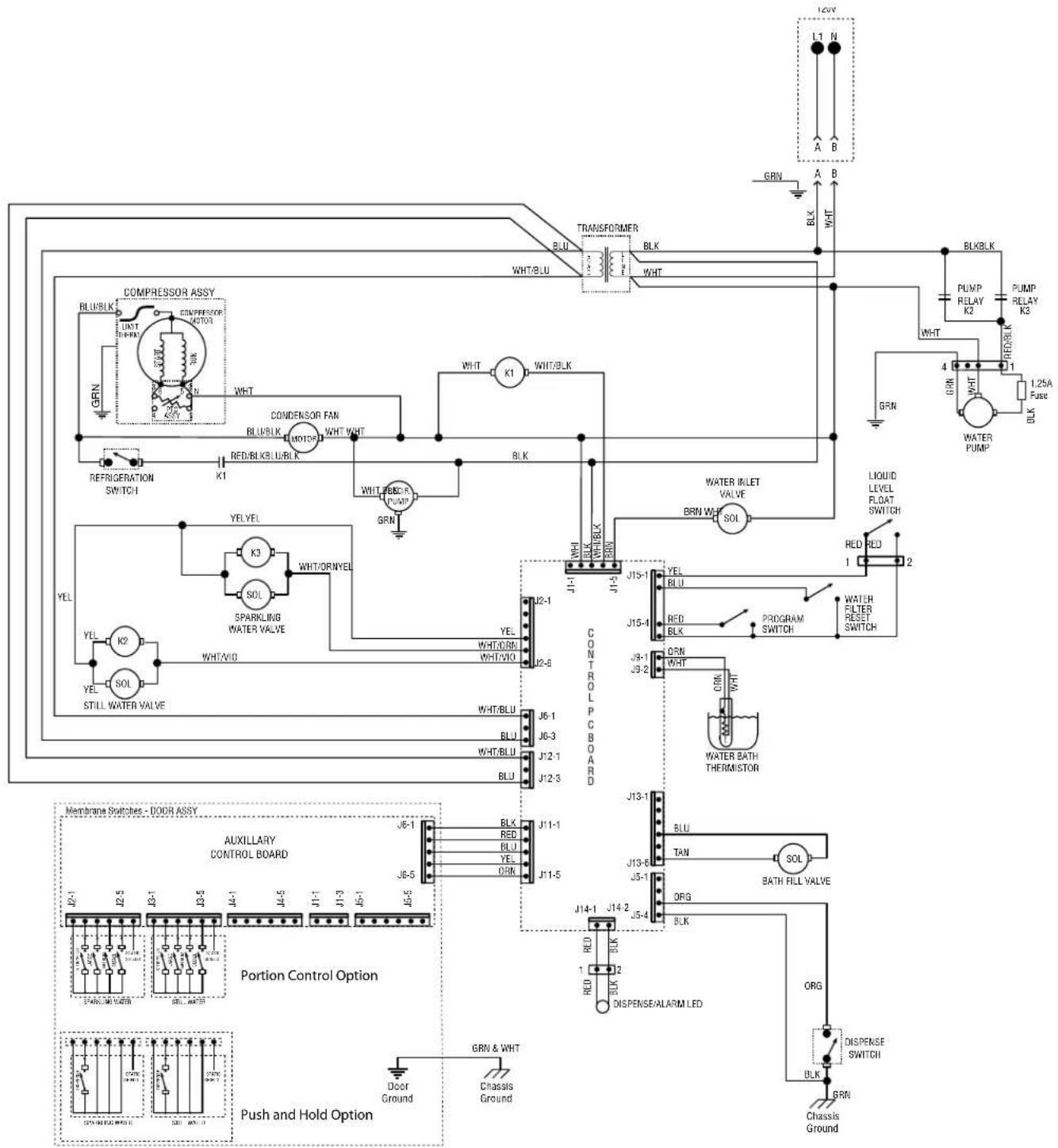 COMPRESSOR ASSY BLU/BLK COMPRESSOR ANTON LANT THINK TJX GRN WHT CONDENSOR FAN BLU/BLK MOTOR WHT VHT RED/BLK3/UBLK REFRIGERATION SWITCH1 K1 YEL YEL K2 YEL SOL SPARKLING WATER VALVE WHT/VIO WHIT/BRK-P U/RAT GRN YEL WHIT/BLU BLU WHIT/BRK-WHT/BRND/YEL WHIT/BRK-WHT/BRND/WHT/VIO WHIT/BRK-P U/RAT J1-1 J1-5 J15-1 J15-4 J8-1 J8-2 J6-1 J6-3 J12-1 J12-3 J11-1 J11-5 J13-1 J13-8 J5-1 J5-4 J14-1 J14-2 BLK RED TUN BLK DISPENSE/ALARM LED GRN & WHT Door Ground Chassis Ground TRANSFORMER BLU BLK WHT BLK WHT/BLK BLK WRN BLK WHT/BRK-P U/RAT GRN WHT/BRK-WHT/BRND/YEL WHIT/BRK-P U/RAT WRN BLK WHT/BRK-WHT/BRND/YEL WHIT/BRK-P U/RAT WRN BLK WHT/BRK-WHT/BRND/YEL WHIT/BRK-P U/RAT WRN BLK WHT/BRK-WHT/BRND/YEL WHIT/BRK-P U/RAT WRN BLK WHT/BRK-WHT/BRND/YEL WHI BLK BLK BLK BLK BLK BLK BLK BLK BLK BLK BLK BLK BLK BLK BLK BLK BLK BLK BLK BLK BLK BLK BLK BLK BLK BLK BLK BLK BLK BLK BLK BLK BLK BLK BLK BLK BLK BLK BLK BLK BLK BLK BLK BLK BLK BLK BLK BLK BLK BLK BLk L1 N A B GRN A B BLX WHT BLX WHT/BLK PUMP RELAY K2 PUMP RELAY K3 WHT 4 0.0mA 1.25A Fuse 0.0mA 0.0mA 0.0mA 0.0mA 0.0mA 0.0mA 0.0mA 0.0mA 0.0mA 0.0mA 0.0mA 0.0mA 0.0mA 0.0mA 0.0mA 0.0mA 0.0mA 0.0mA 0.0mA 0.0mA 0.0 mA 1.25A Fuse 0.0mA 0.0mA 0.0mA 0.0mA 0.0mA 0.0mA 0.0mA 0.0mA 0.0mA 0.0mA 0.0mA 0.0mA 0.0mA 0.0mA 0.0mA 0.0mA 0.0mA 0.0mA 0m L1-1 L2-VI WHT/BRK-WHT/BRND/YEL WHT/BRK-P U/RAT WHT/BRK-WHT/BRND/YEL WHT/BRK-P U/RAT WHT/BRK-WHT/BRND/YEL WHT/BRK-P U/RAT WHT/BRK-WHT/BRND/YEL WHT/BRK-P U/RAT WHT/BRK-WHT/BRND/YEL WHT/BRK-P U/RAT WHT/BRK-WHT/BRND/YEL WHT/BRKM-SOL WHT/BRKM-SOL WHT/BRKM-SOL WHT/BRKM-SOL WHT/BRKM-SOL WHT/BRKM-SOL WHT/BRKM-SOL WHT/BRKM-SOL WHT/BRKM-SOL WHT/BRKM-SOL WHT/BRKM-SOL WHT/BRKM-SOL WHT/BRKM-SOL WHT/BRKR-SOL WHT/BRKR-SOL WHT/BRKR-SOL WHT/BRKR-SOL WHT/BRKR-SOL WHT/BRKR-SOL WHT/BRKR-SOL WHT/BRKR-SOL WHT/BRKR-SOL WHT/BRKR-SOL WHT/BRKR-SOL WHT/BRKR-SOL WHT/BRKR-SOL