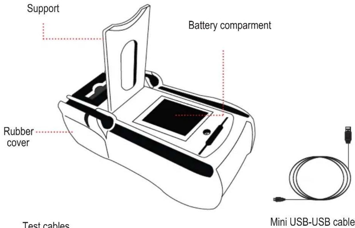 Support Battery compartment Rubber cover Test cables Mini USB-USB cable
