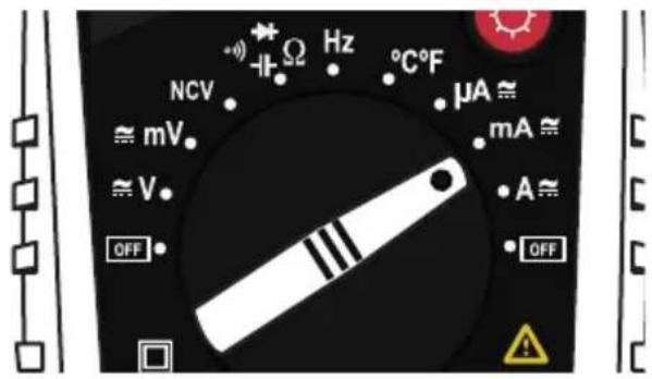 NCV Ω Hz °C F μA ≈ ≈ mV mA ≈ ≈ V • A ≈ OFF • OFF