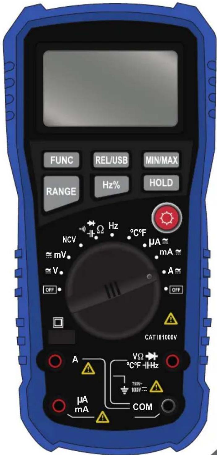FUNC REL/USB MIN/MAX RANGE Hz% HOLD NCV Ω Hz °C°F μA ≈ mA ≈ ≈ mV ≈ V OFF A VΩ °C°F -1Hz 750V- 1000V μA mA COM CAT III 1000V