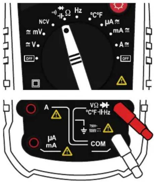 NCV ≈ mV ≈ V OFF Ω Hz °C°F μA ≈ mA ≈ A ≈ OFF A VΩ °C°F -1Hz 750V- 1000V ... μA mA COM