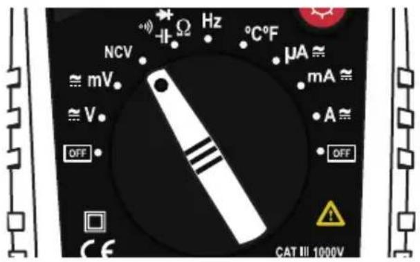 NCV Ω Hz °C°F μA ≈ mV mA ≈ V • A ≈ OFF • OFF CAT III 1000V