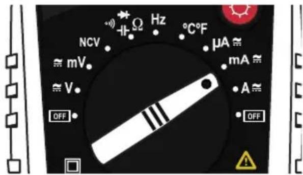 NCV Ω Hz °C F μA ≈ ≈ mV mA ≈ ≈ V • A ≈ OFF OFF
