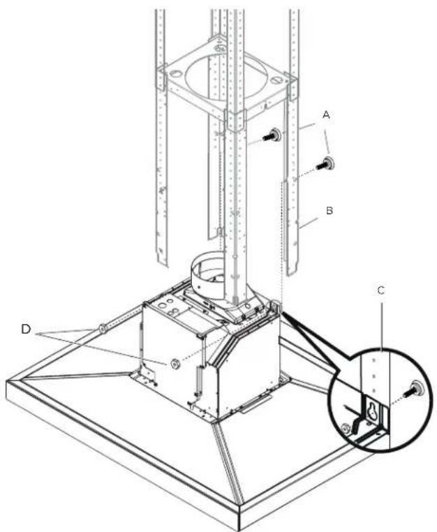 Technical diagram of a mechanical assembly with labeled components A, B, C, D and an inset detail view showing a component with pins.