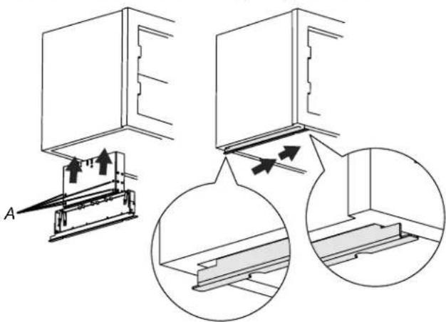 Technical diagram showing two views of a refrigerator with labeled components and directional arrows indicating movement or assembly.