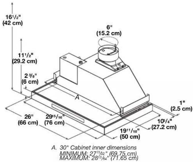 16½″ (42 cm) 11½″ (29.2 cm) 2¾₈″ (6 cm) A 6″ (15.2 cm) 26″ (66 cm) 29½₁₆″ (76 cm) 10³/⁴″ (27.2 cm) 19½₁₀″ (50 cm) 1″ (2.5 cm) A. 30″ Cabinet inner dimensions MINIMUM: 27½₂″ (69.75 cm) MAXIMUM: 28½₄″ (71.65 cm)