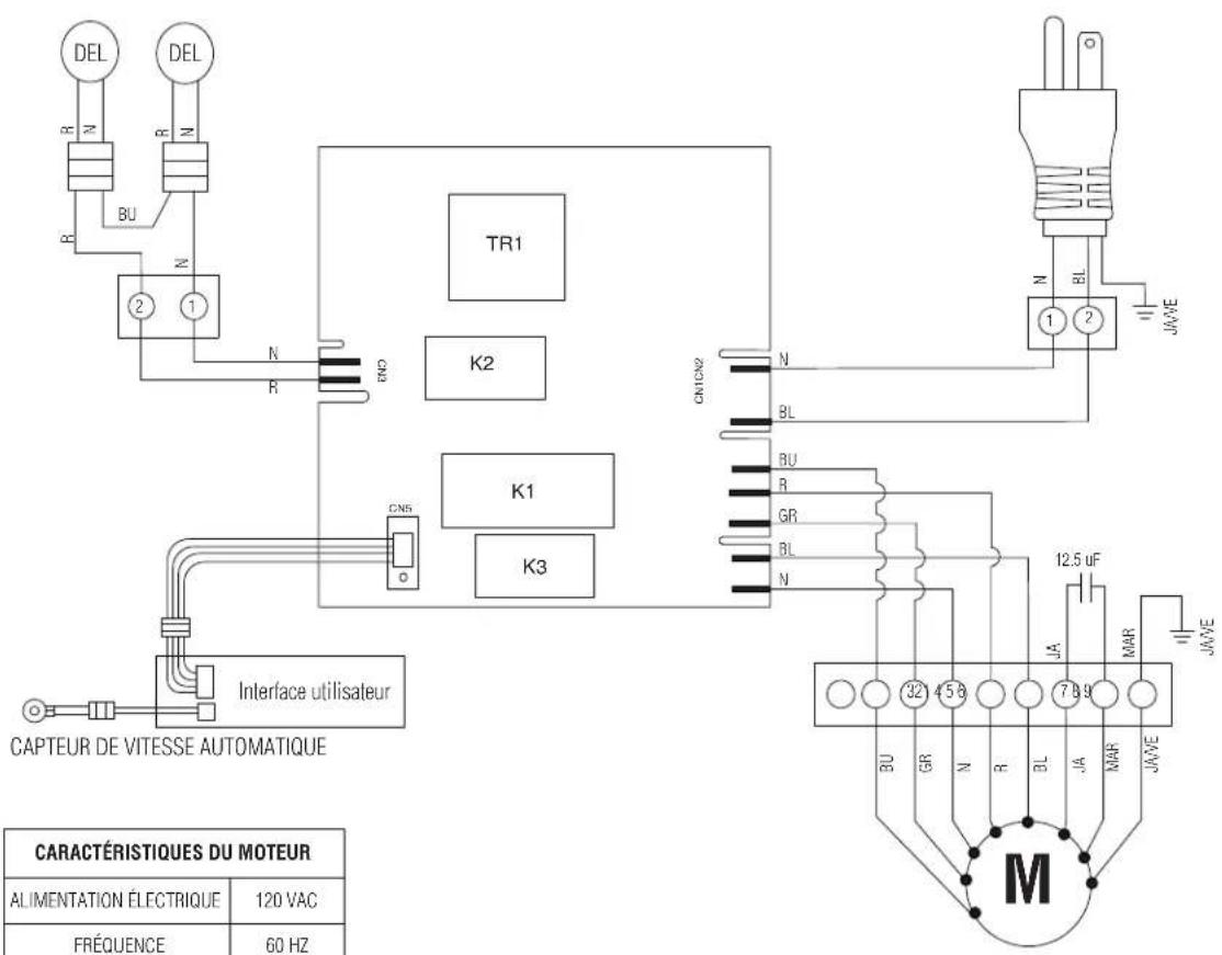 DEL DEL R N R N BU N 2 1 N R TR1 K2 K1 K3 CN5 O CN10X2 N BL BU R GR BL N Interface utilisateur CAPTEUR DE VITESSE AUTOMATIQUE CARACTÉRISTIQUES DU MOTEUR ALIMENTATION ÉLECTRIQUE 120 VAC FRÉQUENCE 60 HZ 12.5 uF JA MAR JAVE BU GR N R BL JA MAR JAVE M