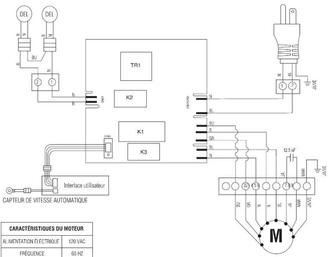 DEL DEL BU N 2 1 R TR1 K2 CN5 K1 K3 CN1C92 N BL BU R GR BL N Interface utilisateur CAPTEUR DE VITESSE AUTOMATIQUE CARACTÉRISTIQUES DU MOTEUR ALIMENTATION ÉLECTRIQUE 120 VAC FRÉQUENCE 60 HZ 12.5 uF JA MAR JAVE BU GR N R BL JA MAR JAVE M