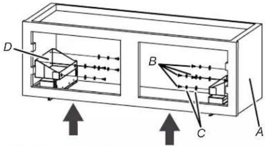 Diagram of a mechanical or optical device with labeled components A, B, C, D and directional arrows indicating flow or movement.