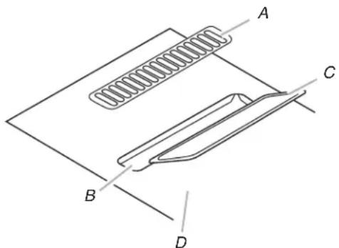 Technical diagram showing labeled components A, B, C, and D with a spring-like structure inside a rectangular block